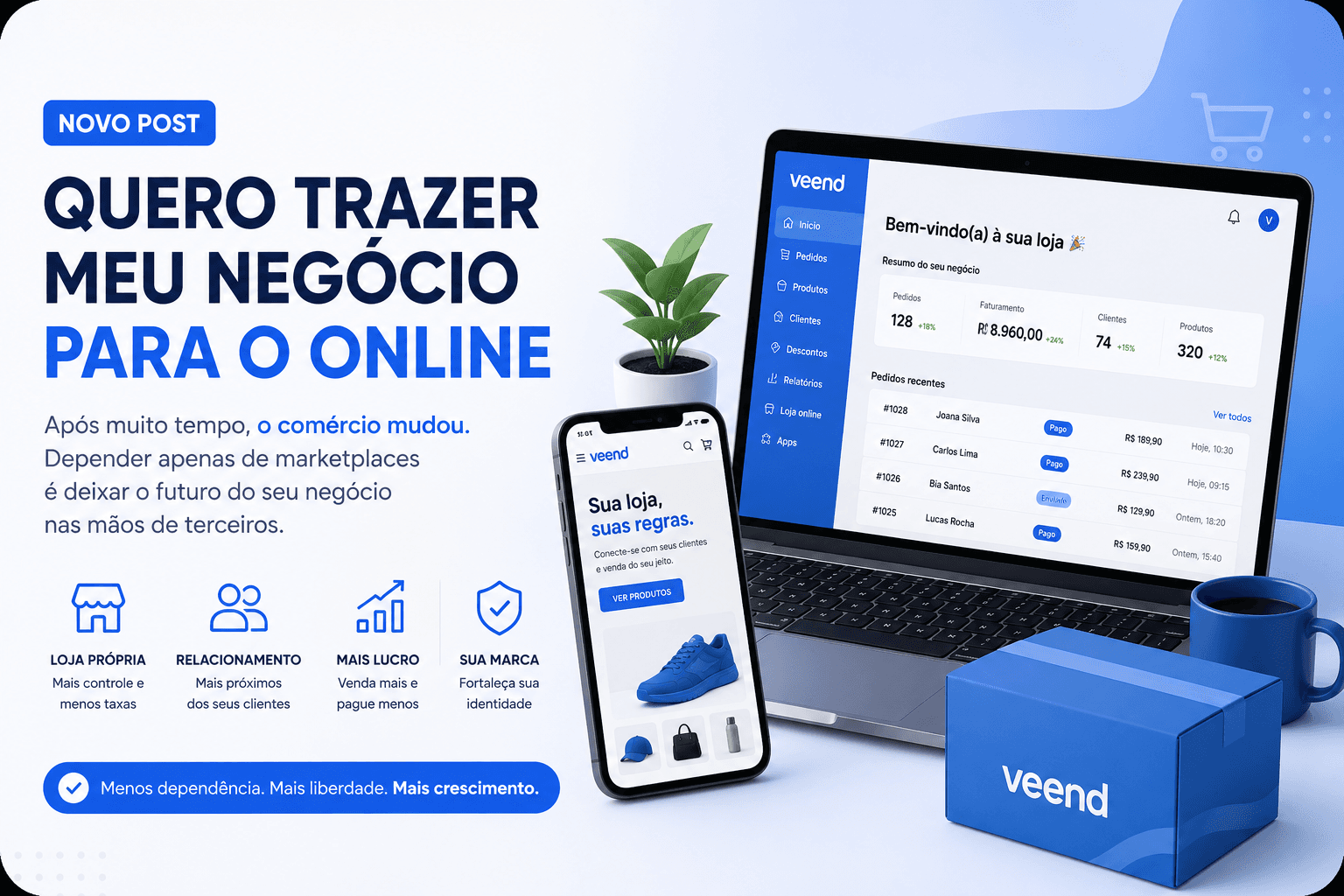 Loja virtual Veend no computador e no celular, com pedidos, faturamento e catálogo para trazer o negócio para o online