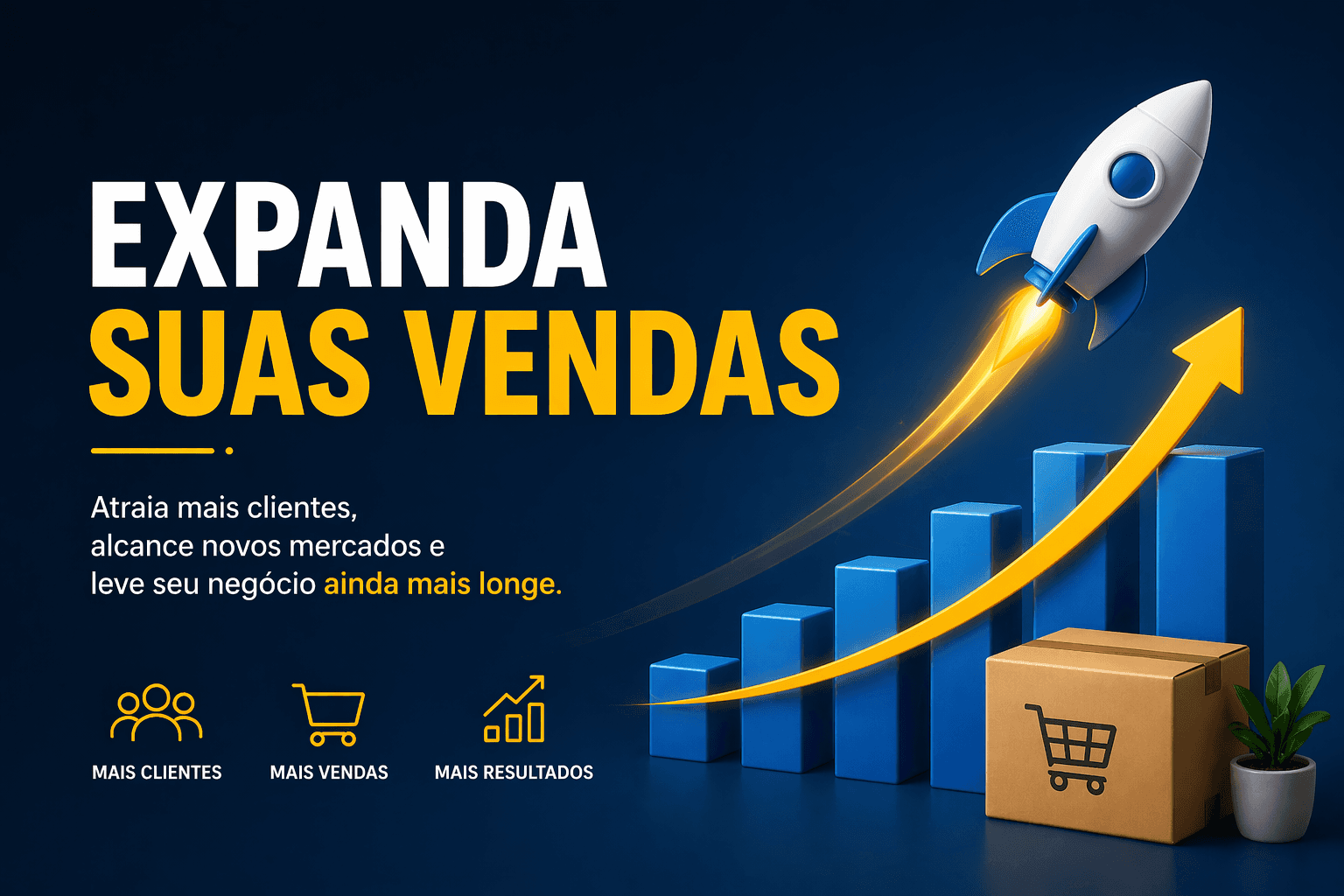 Gráfico de crescimento e foguete ilustrando expansão de vendas online para novas cidades